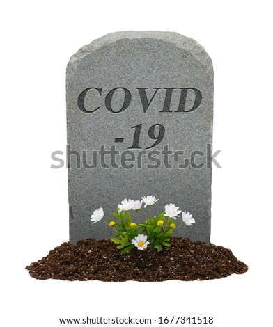COVID-19 Headstone and Flowers Isolated on White Background.