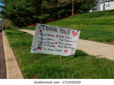 Covid-19, Home-made Thank You Sign For Essential Workers, Posted On Neighborhood Sidewalk, Suburban Philadelphia, PA April 22, 2020