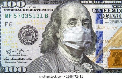 COVID  19   money  100 dollar bill and face mask  Coronavirus affects global stock market  World economy hits by corona virus outbreak   pandemic fears  Crisis  USA  recession   finance concept