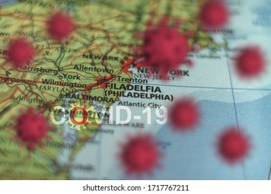 Covid-19 Outbreak Or New Coronavirus, 2019-nCoV, Virus  On A Map Of USA . Covid 19-NCP Virus: Contagion And Propagation Of Disease In Filadelfia (Philadelphia).  Pandemic And Viral Epidemic.  