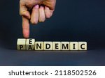 Covid-19 pandemic or endemic symbol. Doctor turns wooden cubes and changes the concept word pandemic to endemic. Beautiful grey background copy space. Medical Covid-19 pandemic or endemic concept.