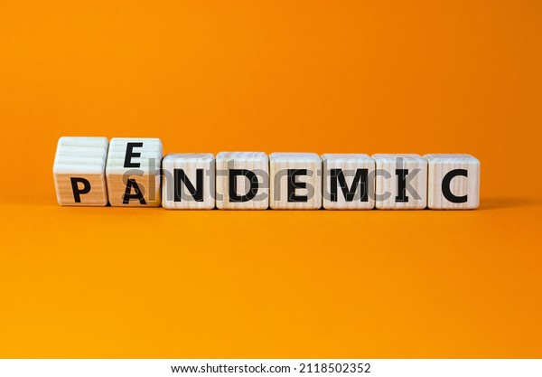 Covid-19 pandemic or endemic symbol. Turned\
wooden cubes and changed the concept word pandemic to endemic.\
Beautiful orange background copy space. Medical Covid-19 pandemic\
or endemic concept.