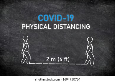 COVID-19 PHYSICAL DISTANCING Instruction Blackboard Illustration. Maintain A Distance Of Two Meters Or 6 Feet Between Each Person Waiting In Line At Store Or Hospital.