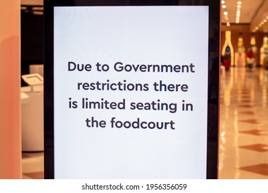 Covid-19 Regulation Information At The Shopping Centre. Due To Government Restrictions There Is Limited Seating In The Foodcourt