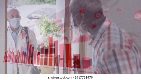 Covid-19 statistical data processing against african american man welcoming male doctor at home. medical treatment during during covid 19 pandemic