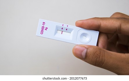 COVID-19 Testing (Rapid Antigen Test), A Hand Holding A COVID Test Kit Showing A Negative Result (not Infected). It Is A Self-examination At Home.