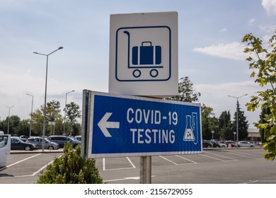 COVID-19 Testing Sign In Front Of Terminal On Burgas Airport, Bulgaria