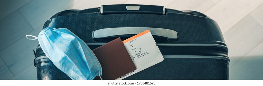 COVID-19 Travel Restriction Due To Corona Virus Mask Wearing Obligatory In Airport And Airplane Flights To Europe, Asia. Passport, Ticket And Suitcase Ready For Holidays. Panoramic Banner.