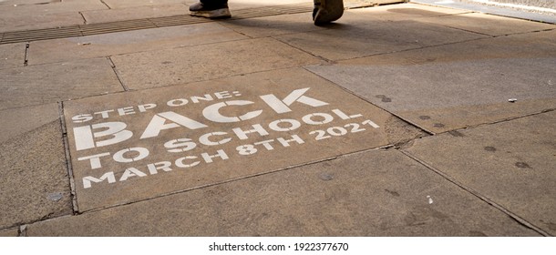 Covid-19 UK Rules On A Pavement - Step One: Back To School March 8th 2021