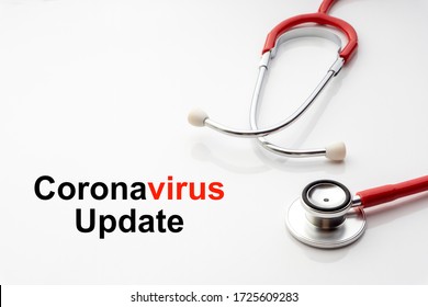 COVID-19 UPDATE text with stethoscope on white background. Covid or Coronavirus Concept 