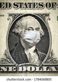 COVID-19 in USA, President Washington with face mask on dollar money note. Coronavirus affects global stock market, world economy hit by corona virus pandemic. Concept of recession, crisis and finance