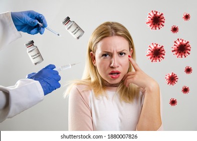 Covid-19 Vaccination Concept, Young Woman Being Forced To Take Coronavirus Vaccine Shot. Also, Fear Of Vaccination And Conspiracy Theory 