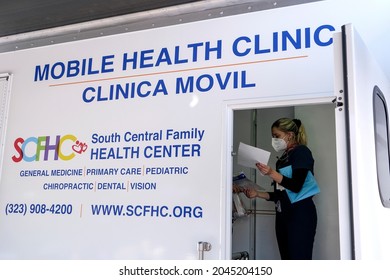 A COVID-19 Vaccination Mobile Clinic Run By The South Central Family Health Center Is Set Up At Historic Plaza Olvera In Downtown Los Angeles, Tuesday, Sept., 2021.