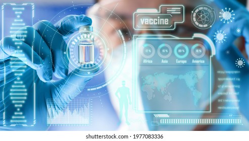 Covid19 Vaccine Bottle In Asian Doctor Hand He Wearing Rubber Glove And Face Mask With Graphical User Interface 