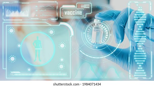 Covid19 Vaccine Bottle In Asian Doctor Hand He Wearing Rubber Glove And Face Mask With Graphical User Interface 