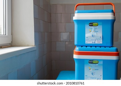 Covid-19 Vaccine Containers In A Medical Distribution Warehouse. March 2, 2021, Balti Moldova, Illustrative Editorial. Selective Focus.