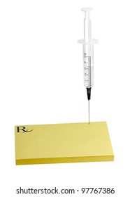 COVID-19 Vaccine. Corona Virus SARS CoV 2, 2019 NCoV Virus. Empty Prescription Pad Syringe Isolated On White Background.