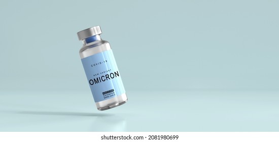 COVID-19 VACCINE for new strain omicron. Ampoule or vial isolated on abstract light blue white gradient background. Concept new variant of coronavirus, copy space.
