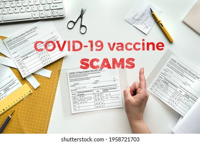 Covid-19 Vaccine Scams. Fake Covid Vaccination Record Card. Covid Scams.Forged Health Certificate With False Vaccination Record Against Covid-19. Blank Card, Pen, Paper Knife,laminator. Flat Lay..