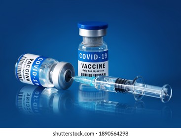 COVID-19 Vaccine And Syringe. Concept Of Corona Virus Treatment, Injection And Clinical Trial During Pandemic