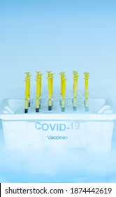 Covid-19 Vaccine Tray Inside The Freezer. Healthcare And Medical Concept