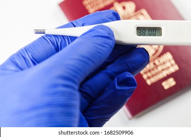 COVID-19 Virus Disease Temperature Check, Coronavirus Worldwide Crisis, Global Pandemic Outbreak, Hand In Blue Gloves At Airport Customs Holding A Thermometer, Security Check Testing Kit Illustration 