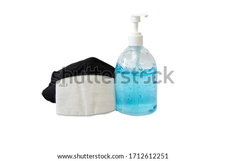 Covid-19 virus prevention travel surgical masks and hand sanitizer gel isolated on whitebackground. 