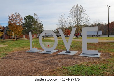 COVINGTON, VIRGINIA - NOVEMBER 21 2017: LOVE sign sculpture outside the Virginia Welcome Center in the western part of the state off of Interstate 64 near Covington.