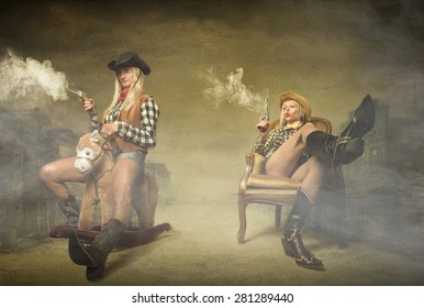 Cow Boy Shooting With Guns On Hands, Abstract Western Concept