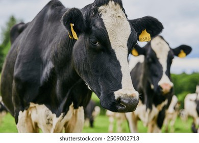 Cow, cattle and animal with tag on dairy farm for livestock, agriculture or countryside production. Closeup, mammal or herd of outdoor beasts with label on grass field or natural farmland in texas - Powered by Shutterstock