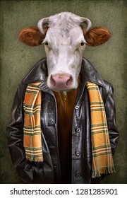 Cow In Clothes. Man With A Head Of An Cow. Concept Graphic In Vintage Style With Soft Oil Painting Style