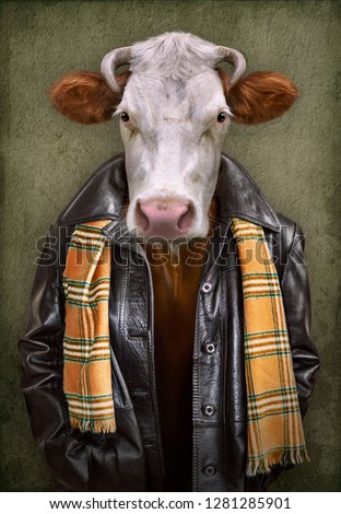 Cow in clothes. Man with a head of an cow. Concept graphic in vintage style with soft oil painting style