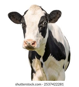 Cow cut out, black and white, milker cattle, pink nose, in a field in front of a blue sky