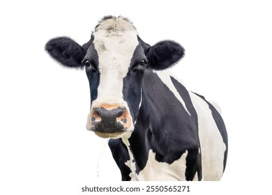 Cow isolated on white, mature cow portrait, friendly eye contact, authentic black and white with pink nose  - Powered by Shutterstock