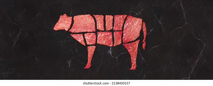 Cow Made Up Of Pieces Of Beef On Black Marble. Creative Concept Marbled Beef Meat. Top View, Copy Space