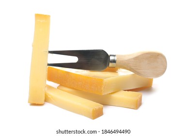 Cow Milk Cheese Slices With Cheese Fork Isolated On White Background