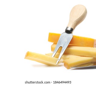 Cow Milk Cheese Slices With Cheese Fork Isolated On White Background