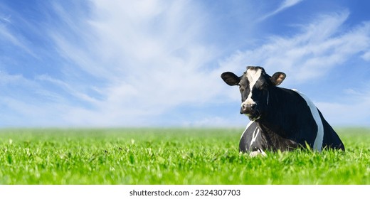 Cow on the lawn. Spotted cow grazing on beautiful green meadow. holstein cow, resting in a meadow. Black and white cow, eco farming in Nederlands.