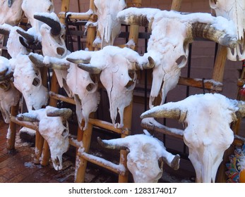 Cow Skulls On One Of The Native American Markets In Santa Fe, New Mexico. It Was Unusually Cold At Christmas 2018.