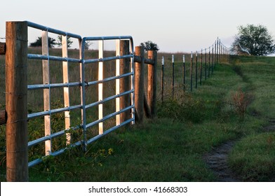 Cow Trail Beside A Farm Fence And Gate