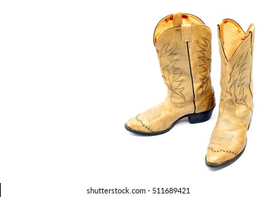 Cowboy Boot Isolated On White Background , Western Cowboy Boots. , Natural Leather Boots. 