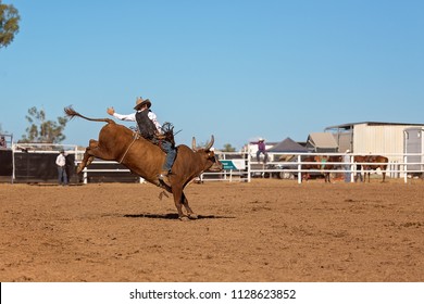 A cowboy competing in a bull riding event at an Australian country rodeo