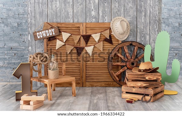 Cowboy first birthday Digital Background. Festive\
decoration for birthday. Cake Smash first year concept. Texas\
background. Decor in style of cowboy thematic photo session\
decoration of studio.