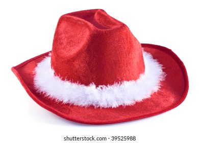 Cowboy hat in Santa style, isolated on white.