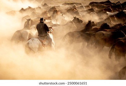 a cowboy leads horses at the end of the day