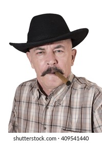 The Cowboy With Mustache, In A Black Hat Smoking A Cigar