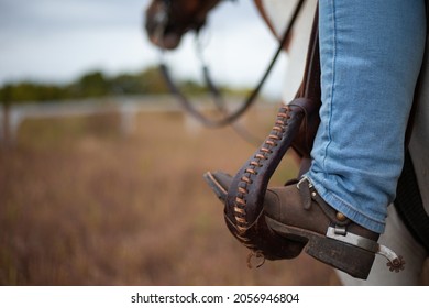 Cowboy on horseback at sunset in the field. Focus on the spur. Western boots and stirrups in close-up.