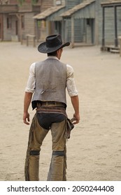 Cowboy With Pistol Making A Duel In The Street Poblado Del Occidental Western Almería
