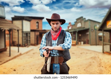Cowboy with revolver, gunfight in texas country