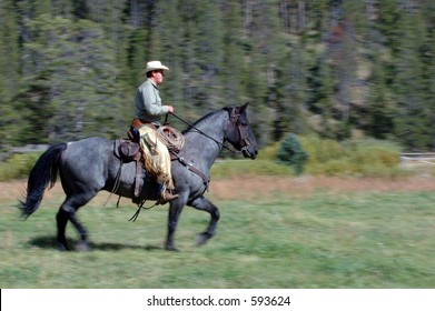 Cowboy riding Blue Roan horse - panning and some motion blur - Powered by Shutterstock